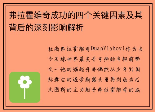 弗拉霍维奇成功的四个关键因素及其背后的深刻影响解析